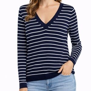 J. Crew Navy White Striped VNeck Lightweight Knit Sweater